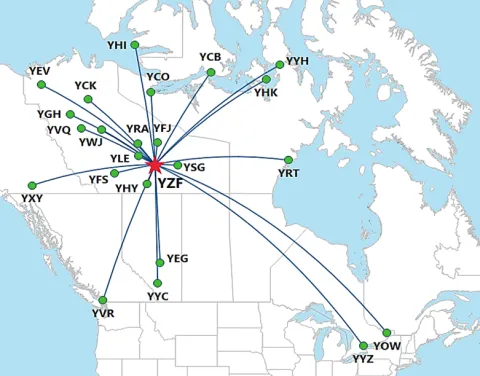  The image features a map of Canada with various airports and flight paths marked on it.